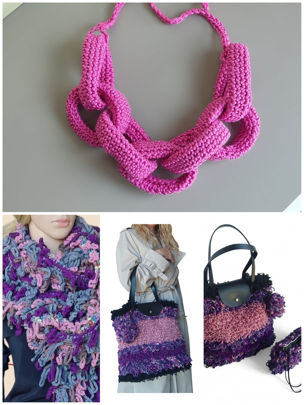 Crochet Loop Stitch Tote Bag Set — Leather Flap Closure, Rectangular Purse & Coin Purse Charm | Handmade in Germany - StepToLight