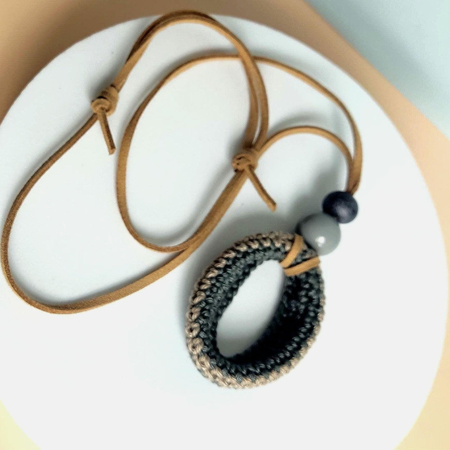 Denim Blue Crochet Pendant Necklace - Wooden Beads Adjustable Leather Cord Boho Jewelry - StepToLight