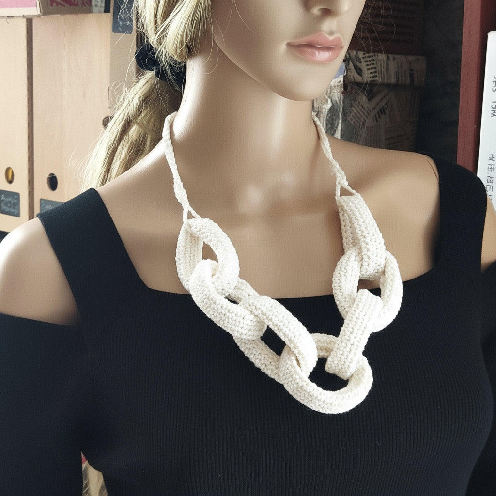 Beige Chunky Crochet Necklace - Handmade Boho Braided Statement Jewelry