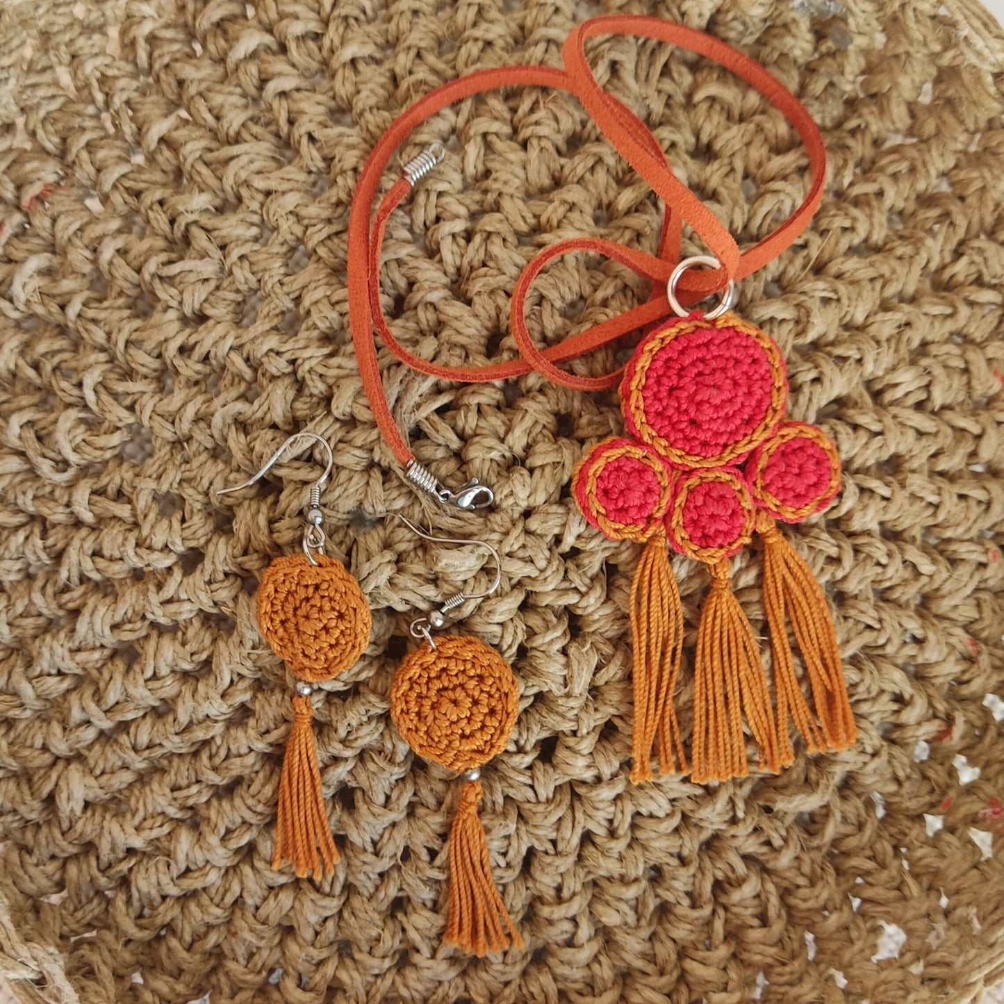 Red & Copper Brown Crochet Pendant Necklace - Ancient Greek Jewelry Inspired -Cord with Leather Strap