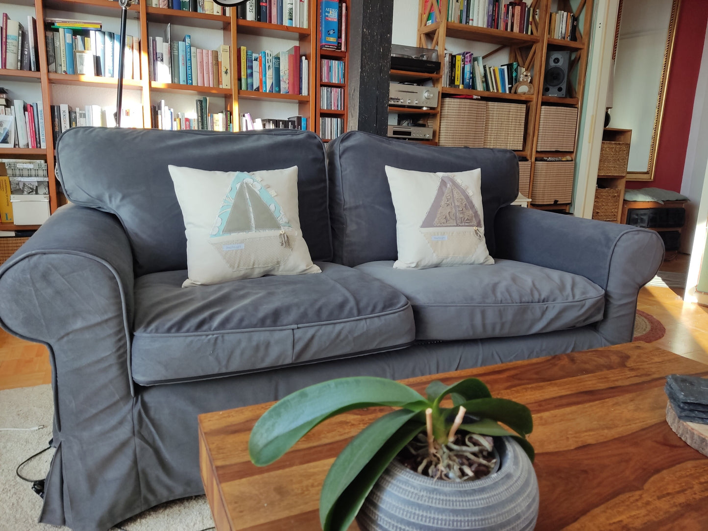 Nautical Pillow Cover Set - White Patchwork Sailing Boat Design