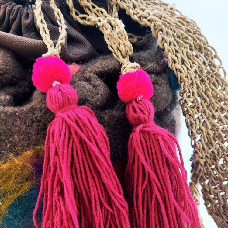 Felted Wool Bucket Bag: Crochet Jute Handle, Needle Felted Flowers