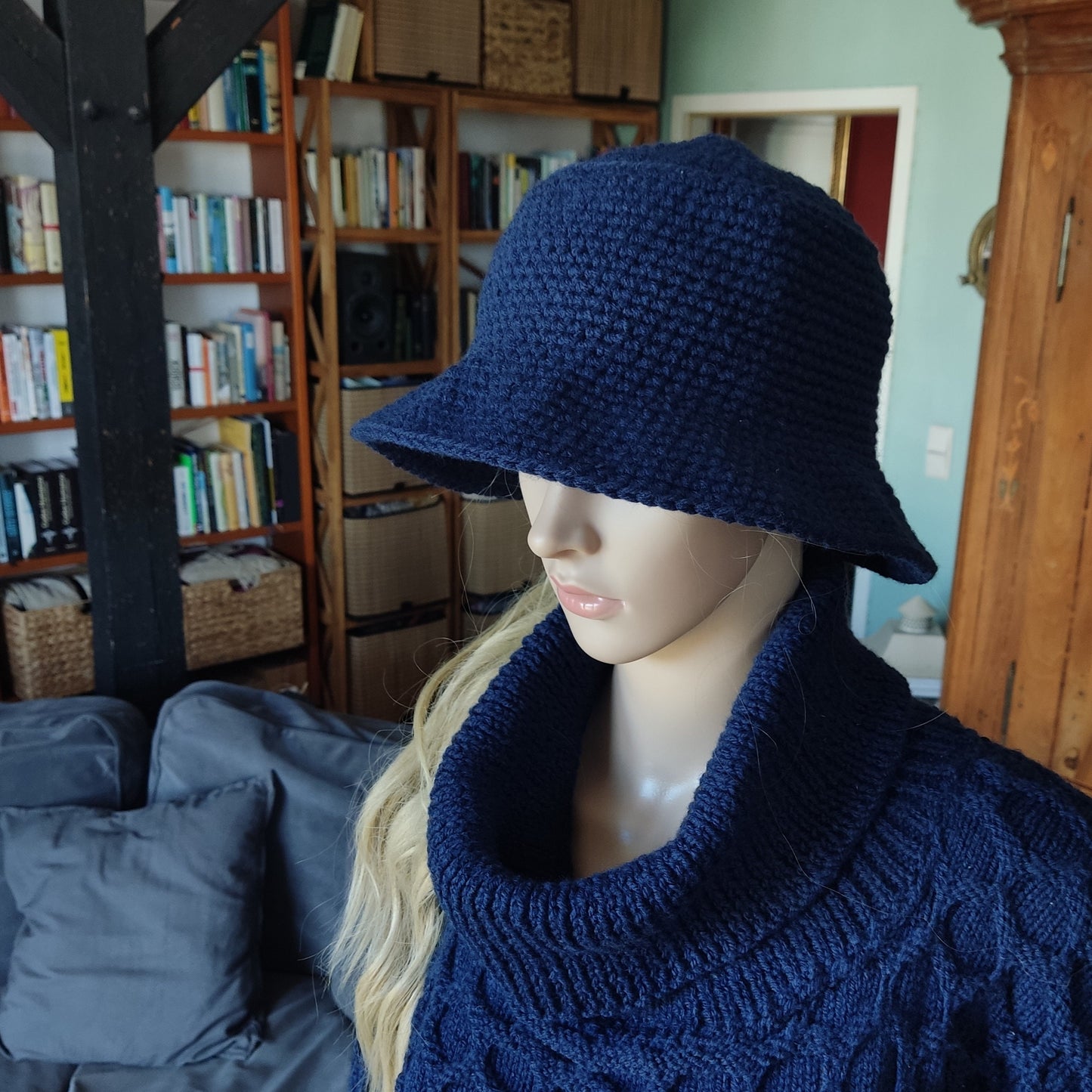 Personalised Navy Blue Crochet Bucket Hat with Leather Flower