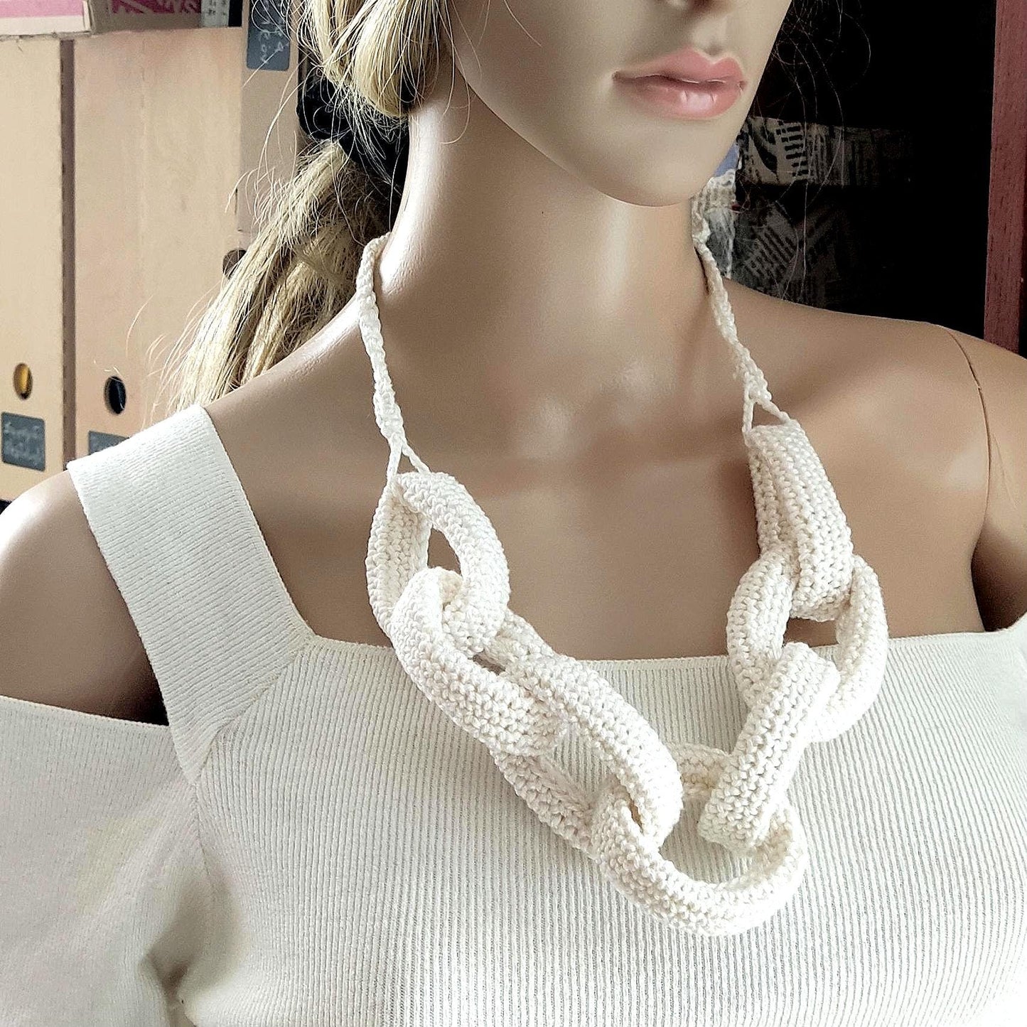 White Braided Crochet Cuff Bracelet - Chunky Cotton Statement Jewelry