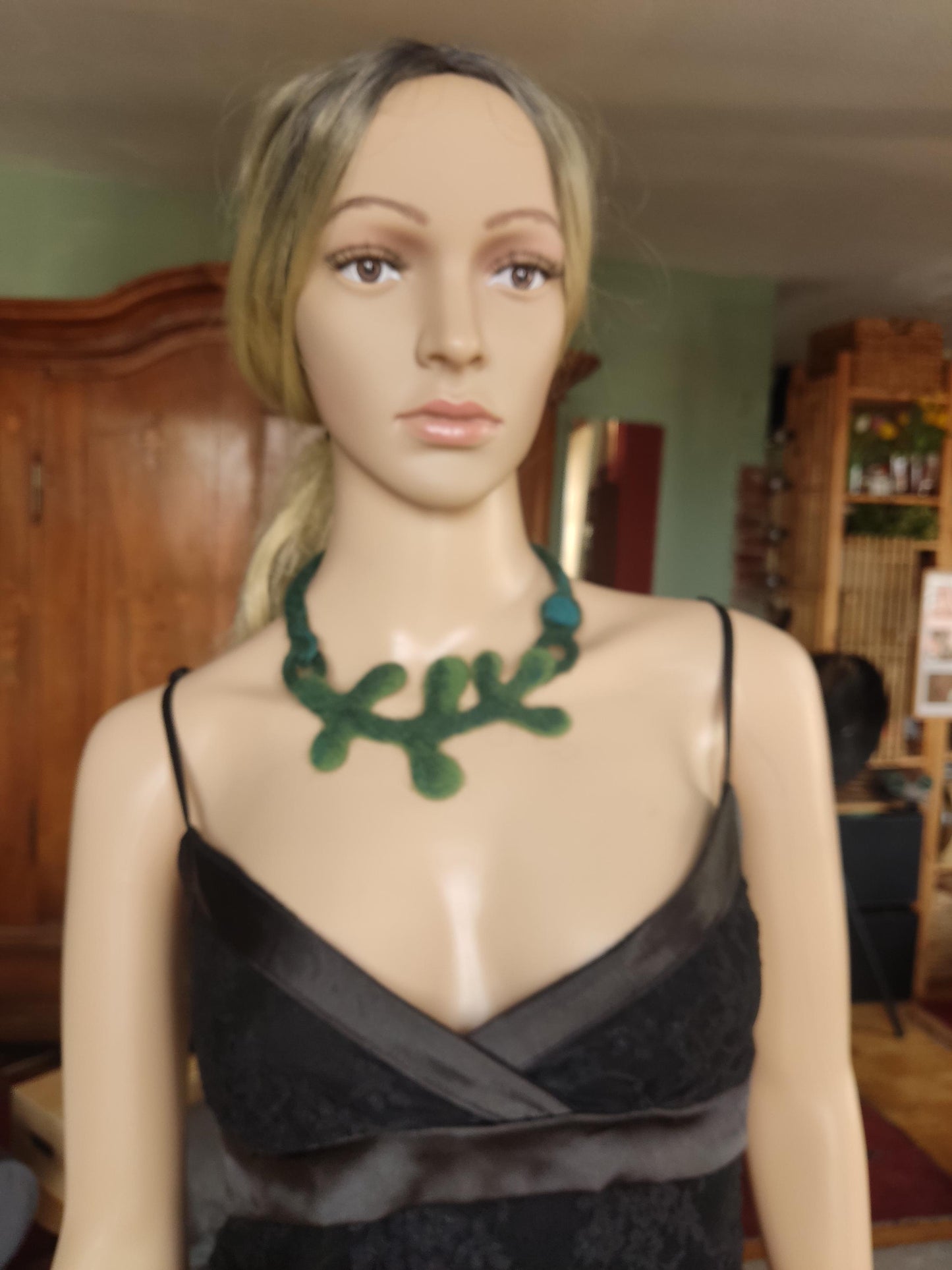 Green Wool Felted Choker - Branch & Leaves Art to Wear Necklace