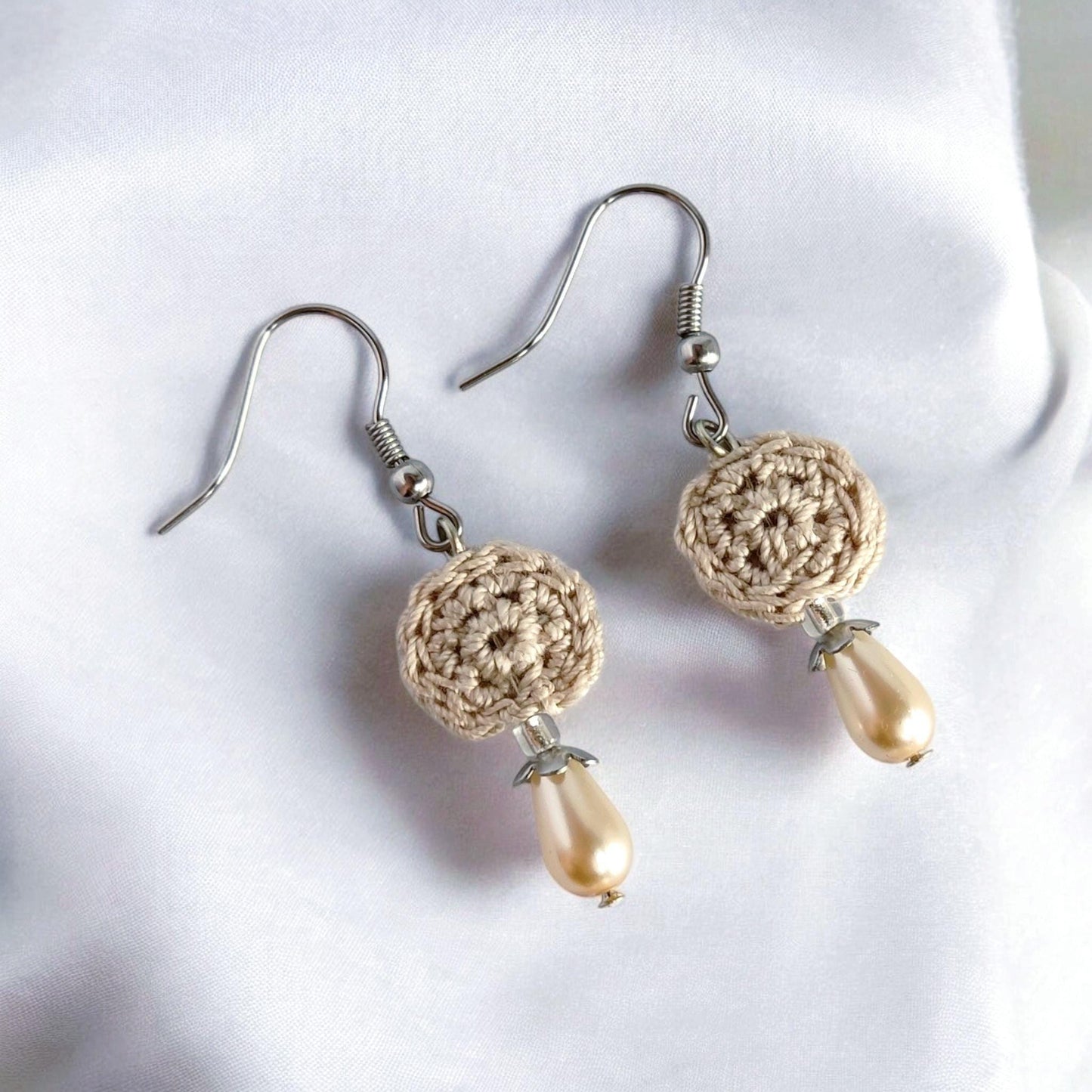 Crochet Pearl Drop Earrings: Boho Denim Blue, Sterling Silver