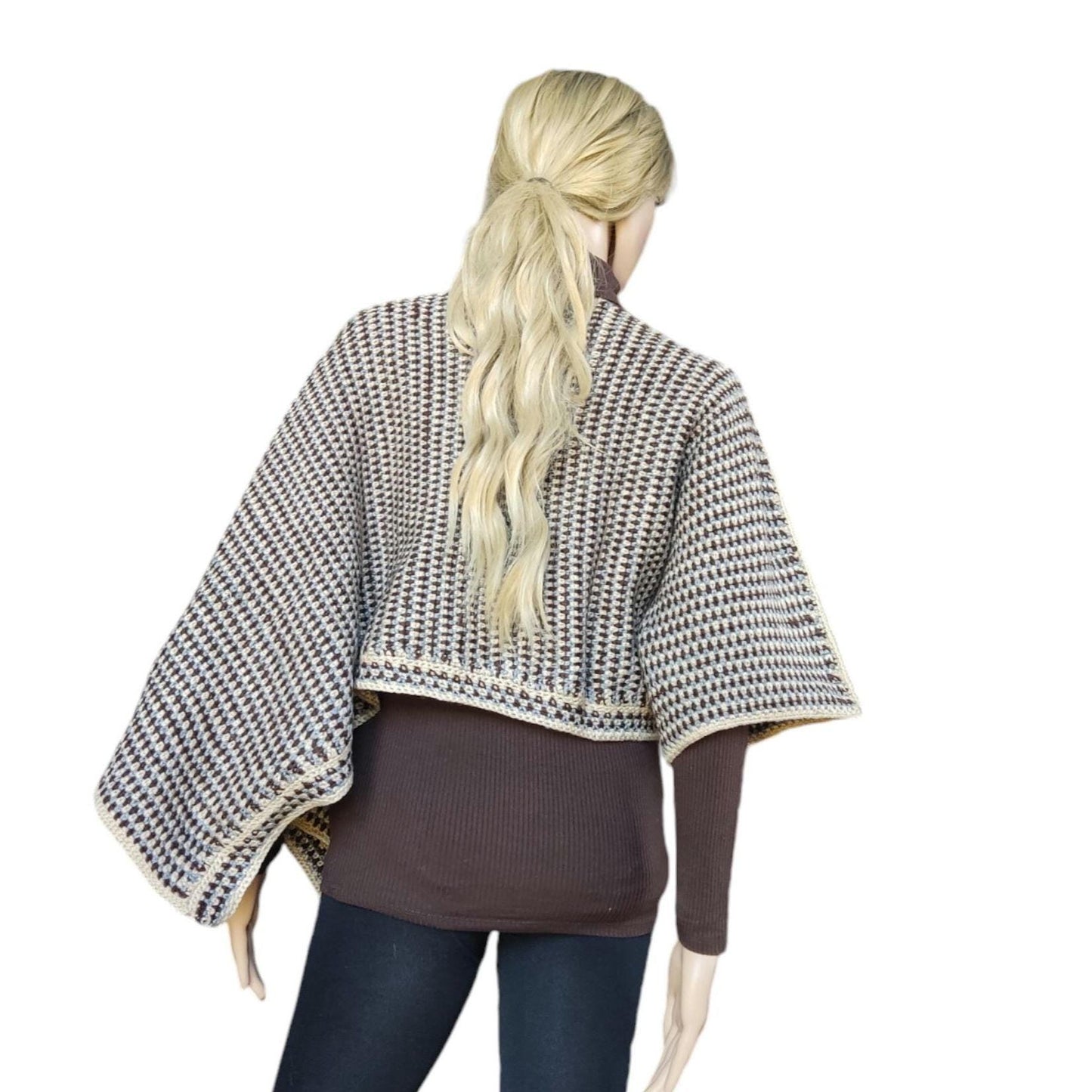 Crochet Crop Top Sweater - Brown Beige Striped Poncho with Wide Sleeves