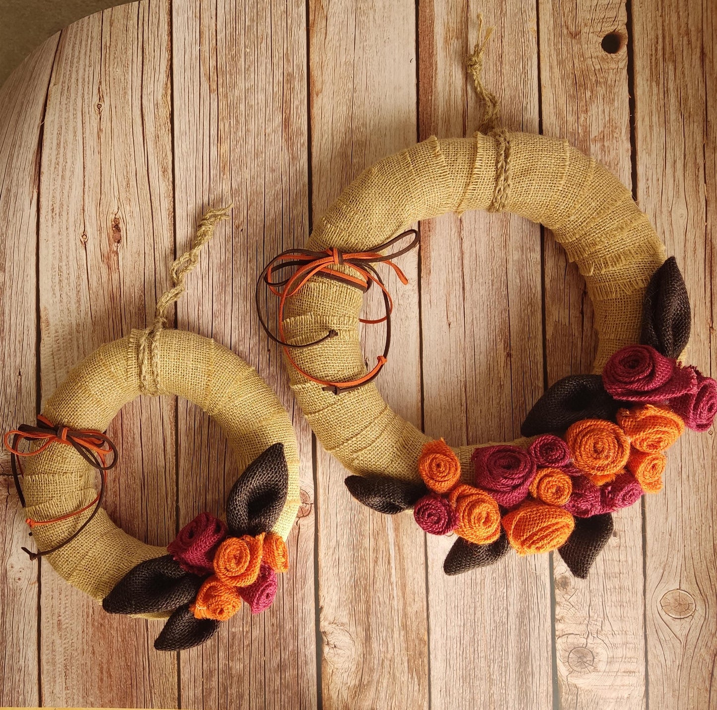 Autumn Burlap Rose Wreath: Handmade Fall Door Decor in Orange & Burgundy (20cm & 30cm)