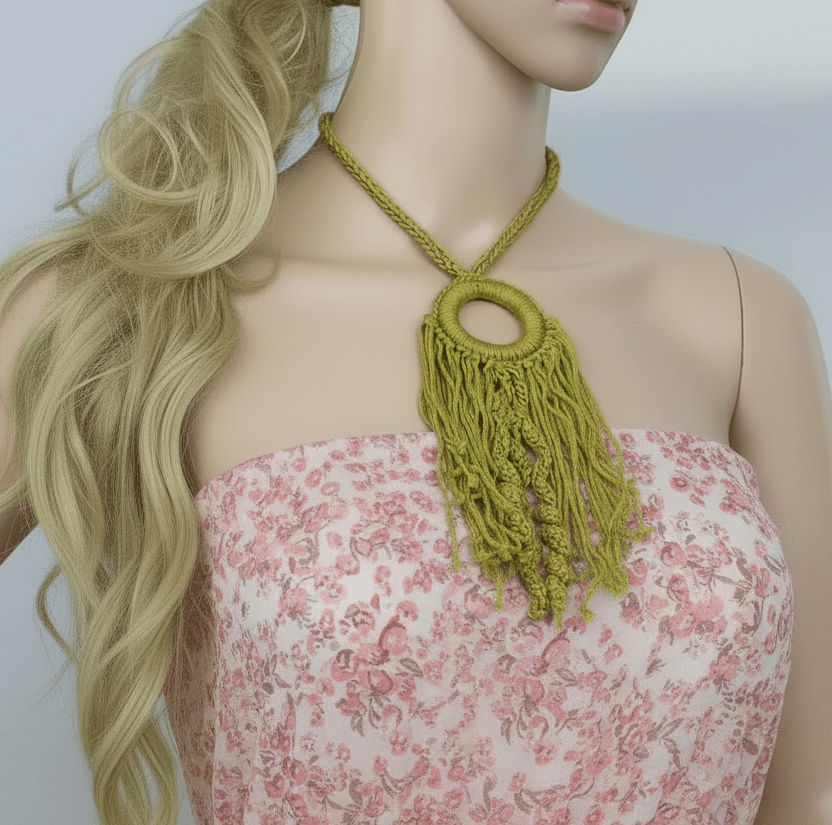 Lime Green Crochet Fringe Pendant Necklace - Handmade Boho Statement Jewelry - StepToLight