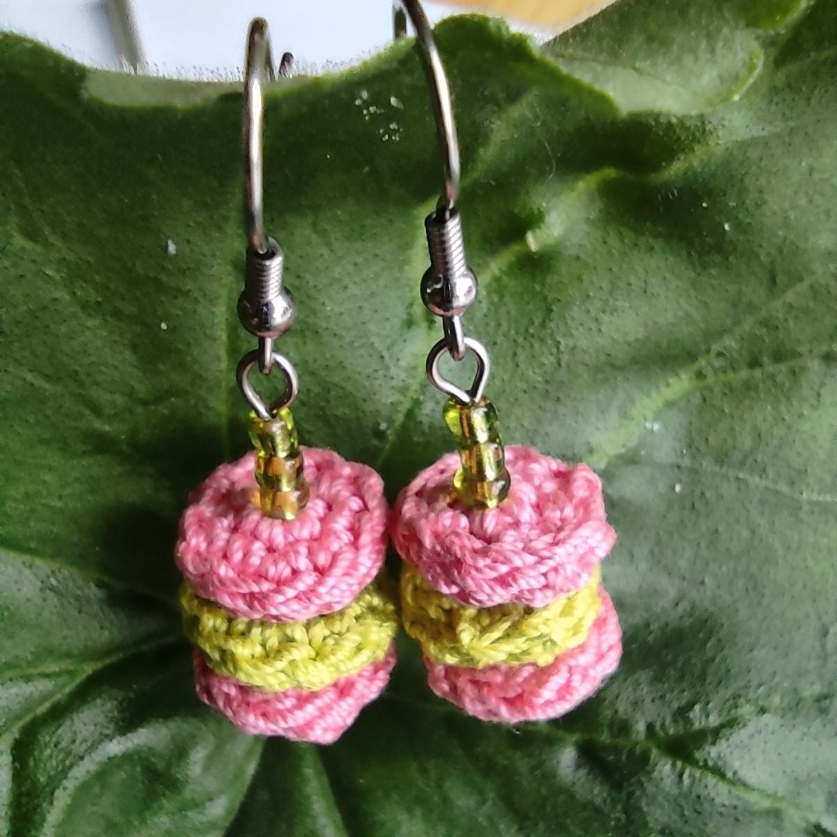 Orange & Beige Crochet Dangle Earrings with Orange Beads - Tiered Circle Drop - StepToLight