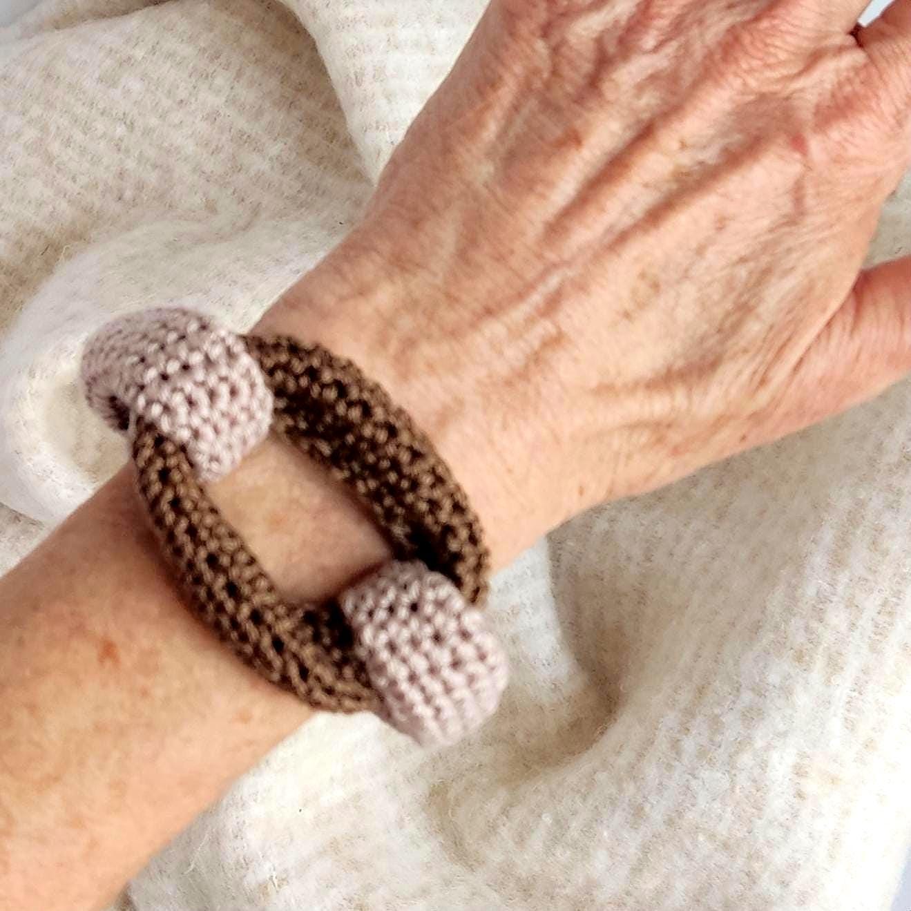 Beige & Brown Crochet Cuff Bracelet - Chunky Cotton Statement Bangle - StepToLight