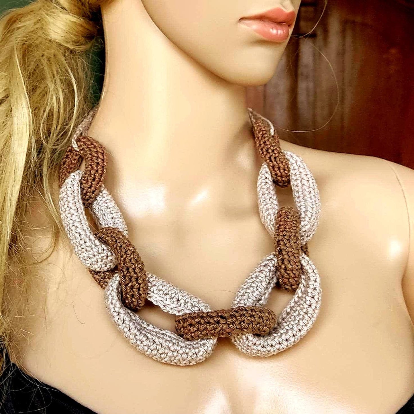 Beige & Brown Crochet Cuff Bracelet - Chunky Cotton Statement Bangle - StepToLight