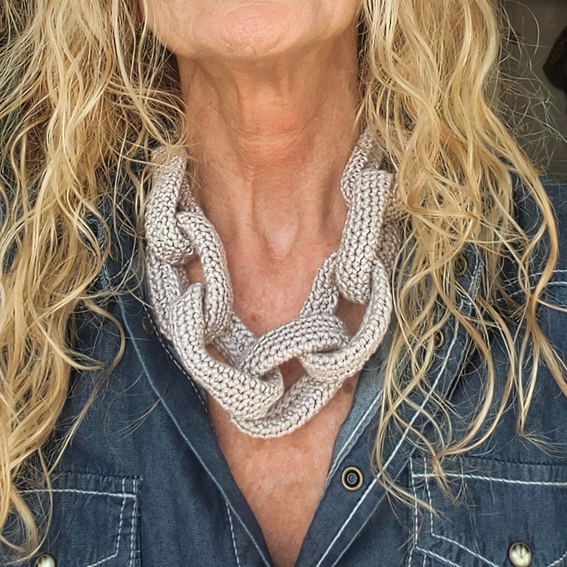 Beige Chunky Crochet Necklace - Handmade Boho Braided Statement Jewelry - StepToLight