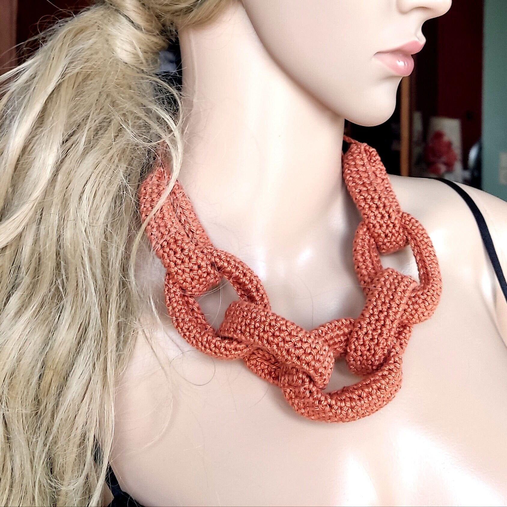 Beige Chunky Crochet Necklace - Handmade Boho Braided Statement Jewelry - StepToLight
