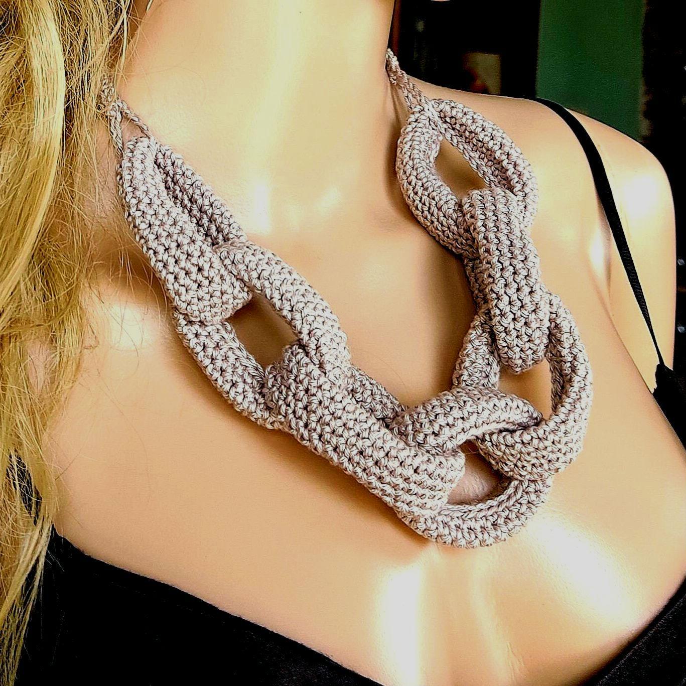 Beige Chunky Crochet Necklace - Handmade Boho Braided Statement Jewelry - StepToLight