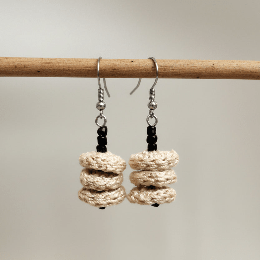 Beige Crochet Dangle Earrings with Black Beads - Tiered Circle Drop Design - StepToLight