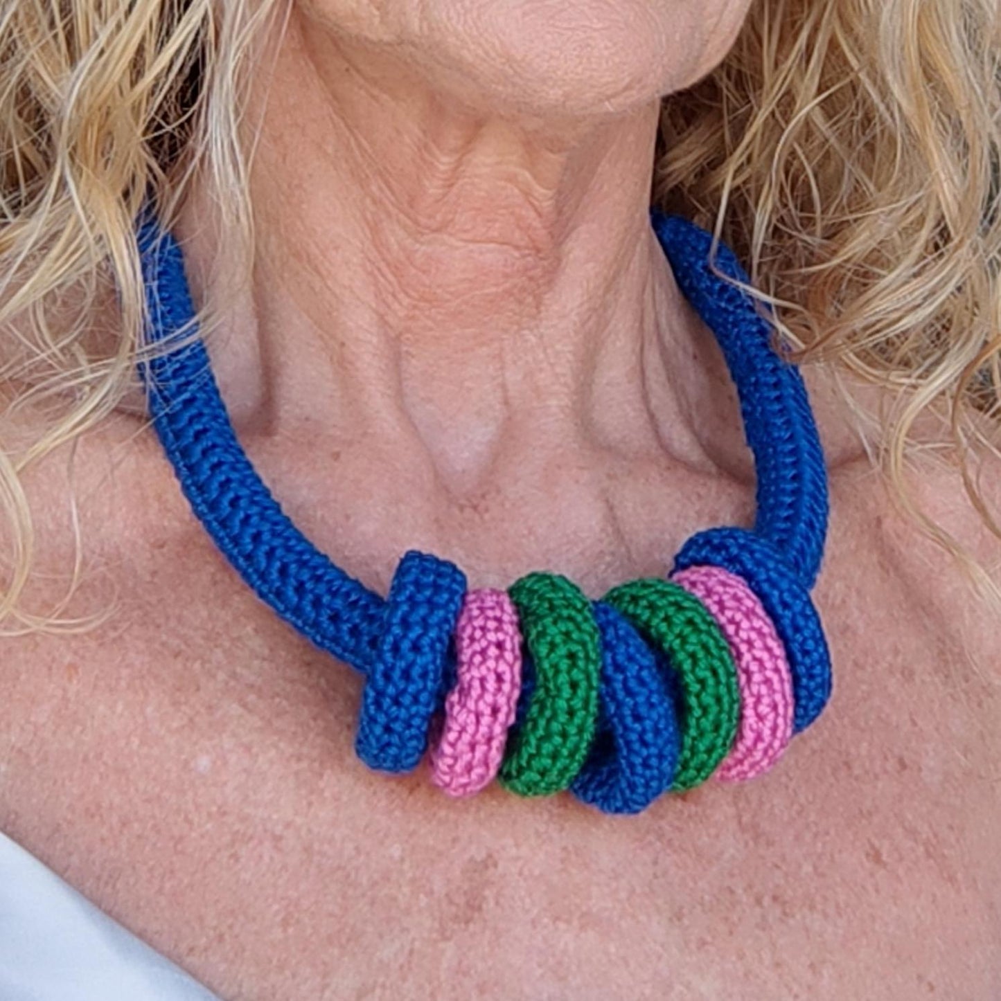 Beige Multiway Crochet Statement Necklace - Curved Necklace & Chunky Rings, Adjustable, Customizable - StepToLight
