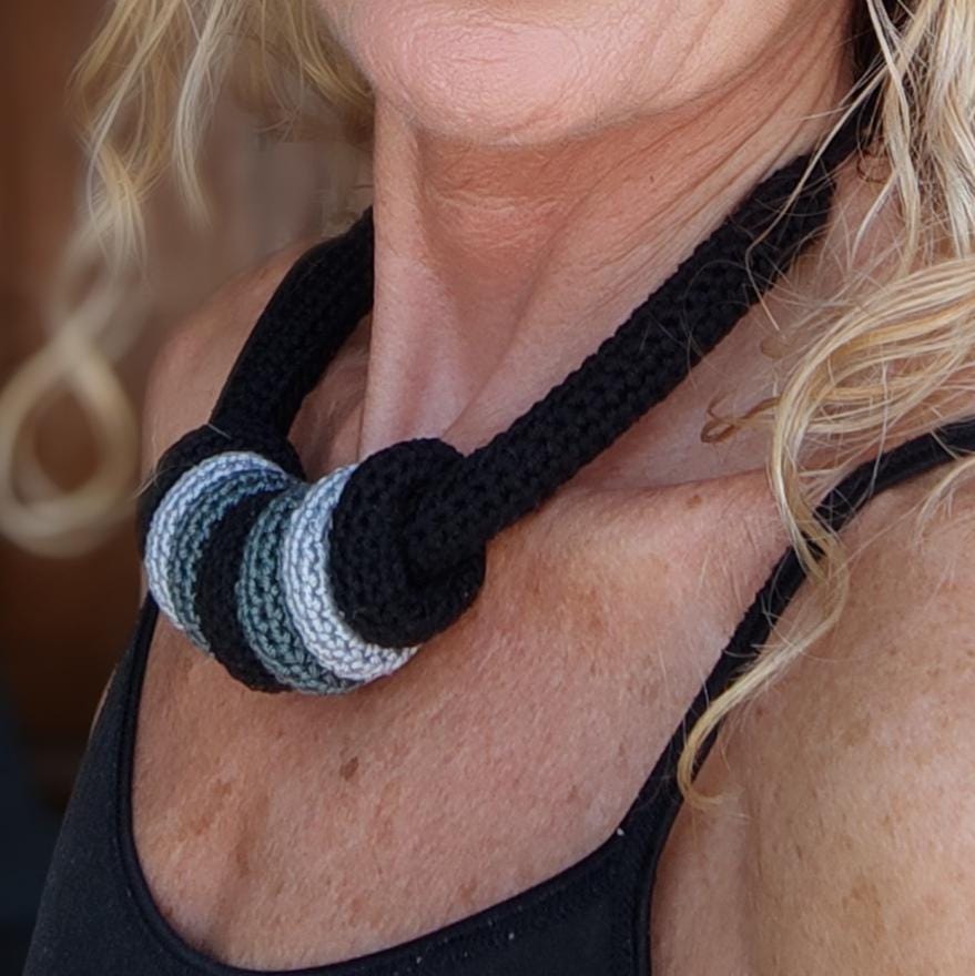 Beige Multiway Crochet Statement Necklace - Curved Necklace & Chunky Rings, Adjustable, Customizable - StepToLight