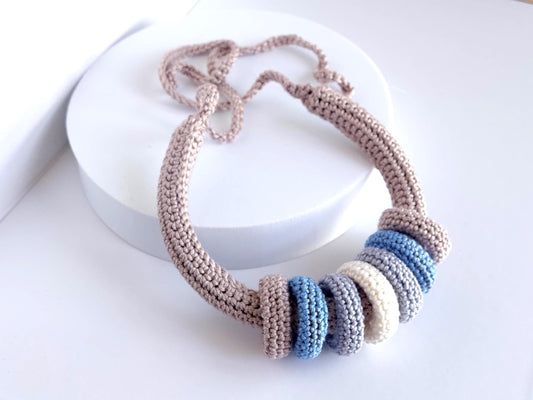 Beige Multiway Crochet Statement Necklace - Curved Necklace & Chunky Rings, Adjustable, Customizable - StepToLight