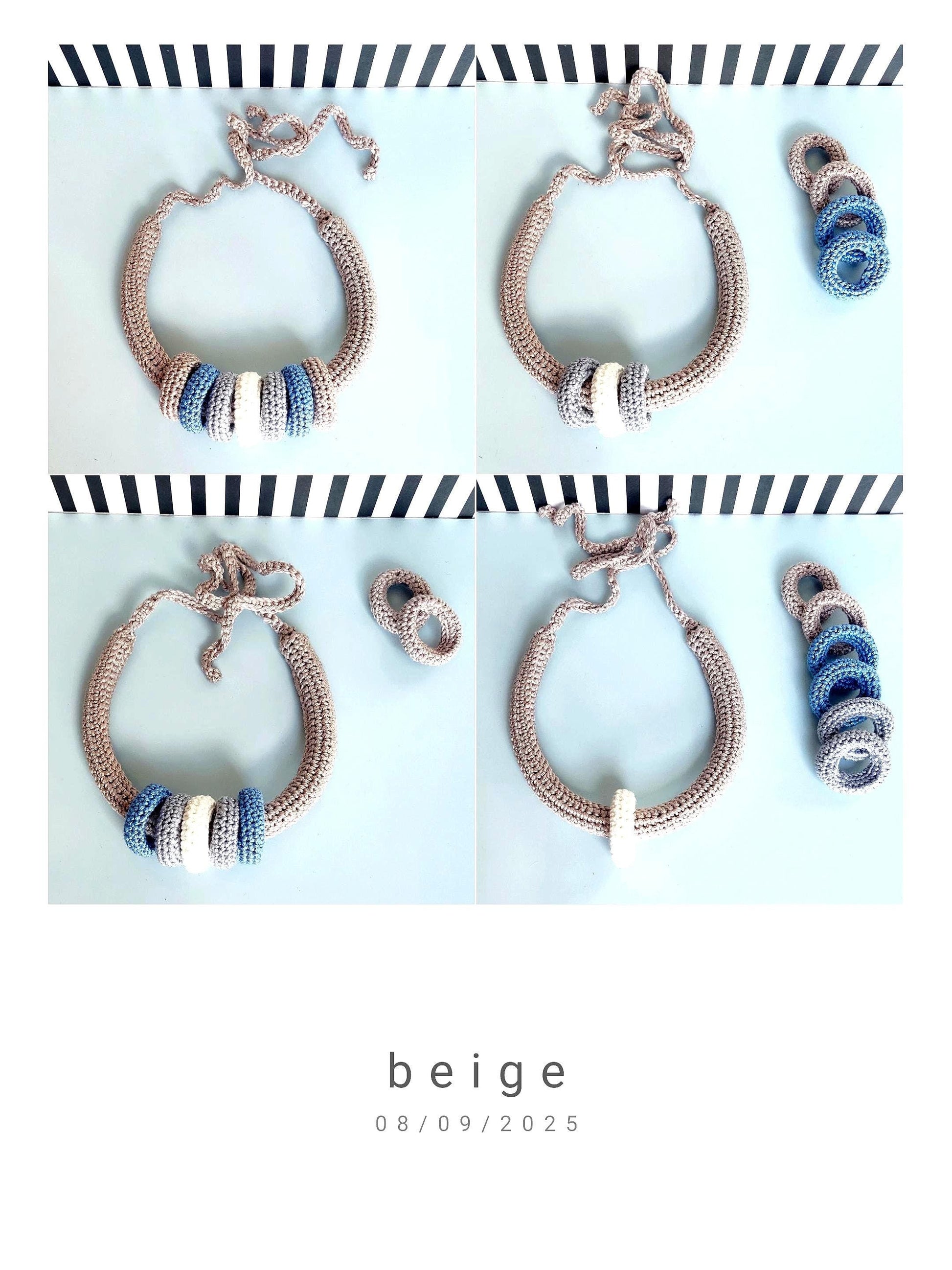 Beige Multiway Crochet Statement Necklace - Curved Necklace & Chunky Rings, Adjustable, Customizable - StepToLight