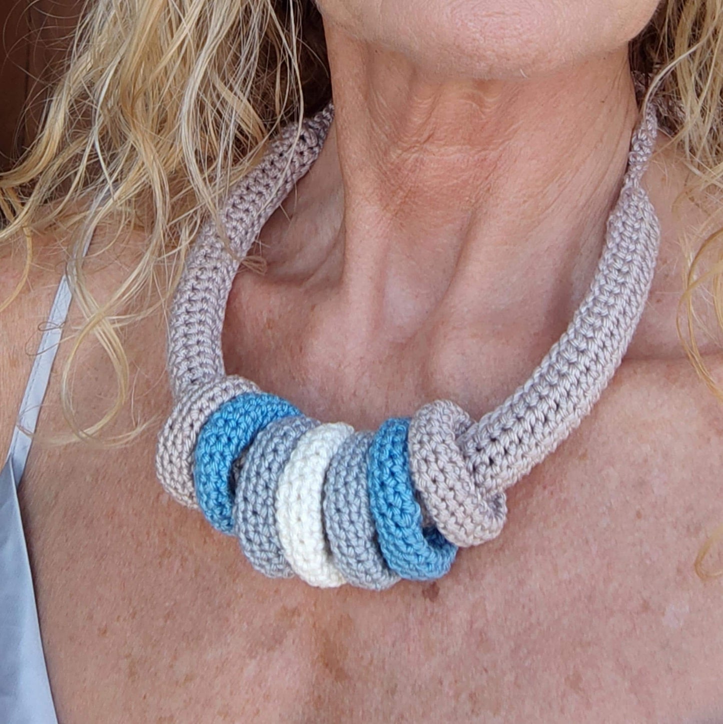 Beige Multiway Crochet Statement Necklace - Curved Necklace & Chunky Rings, Adjustable, Customizable - StepToLight