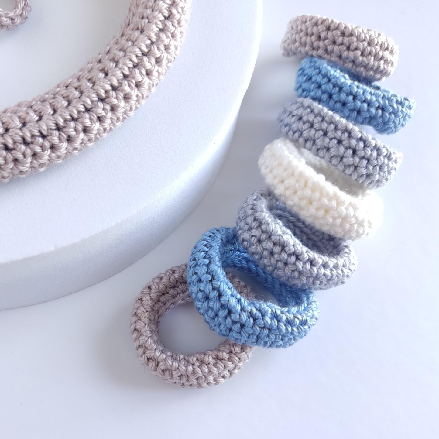 Beige Multiway Crochet Statement Necklace - Curved Necklace & Chunky Rings, Adjustable, Customizable - StepToLight