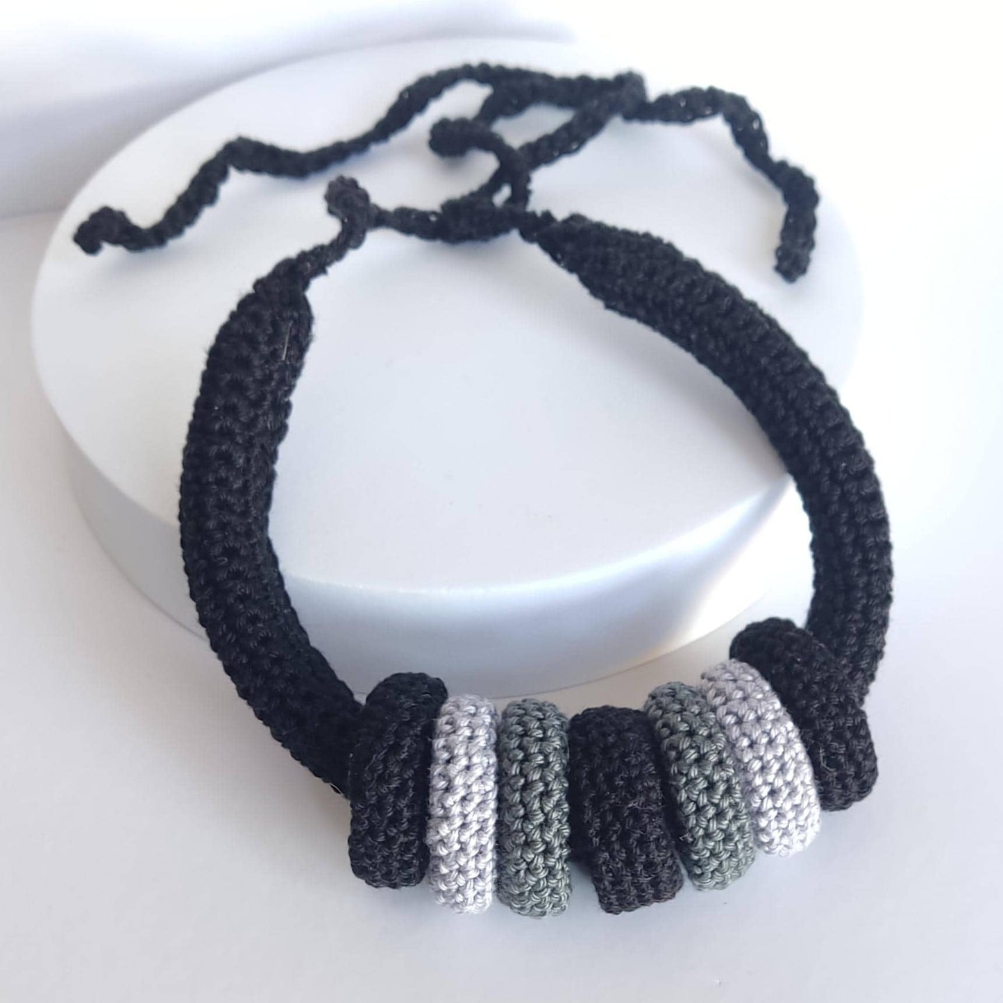 Beige Multiway Crochet Statement Necklace - Curved Necklace & Chunky Rings, Adjustable, Customizable - StepToLight