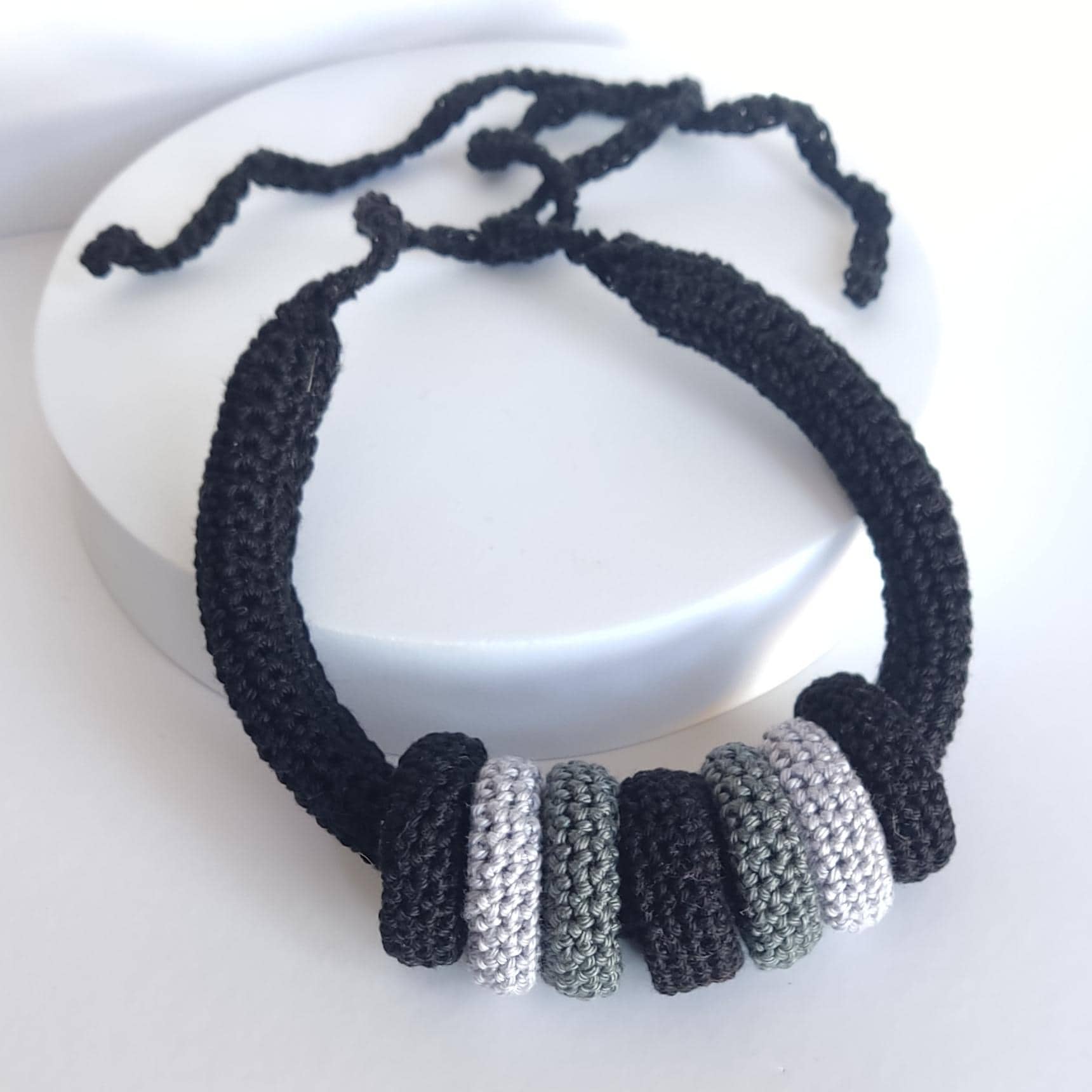Beige Multiway Crochet Statement Necklace - Curved Necklace & Chunky Rings, Adjustable, Customizable - StepToLight