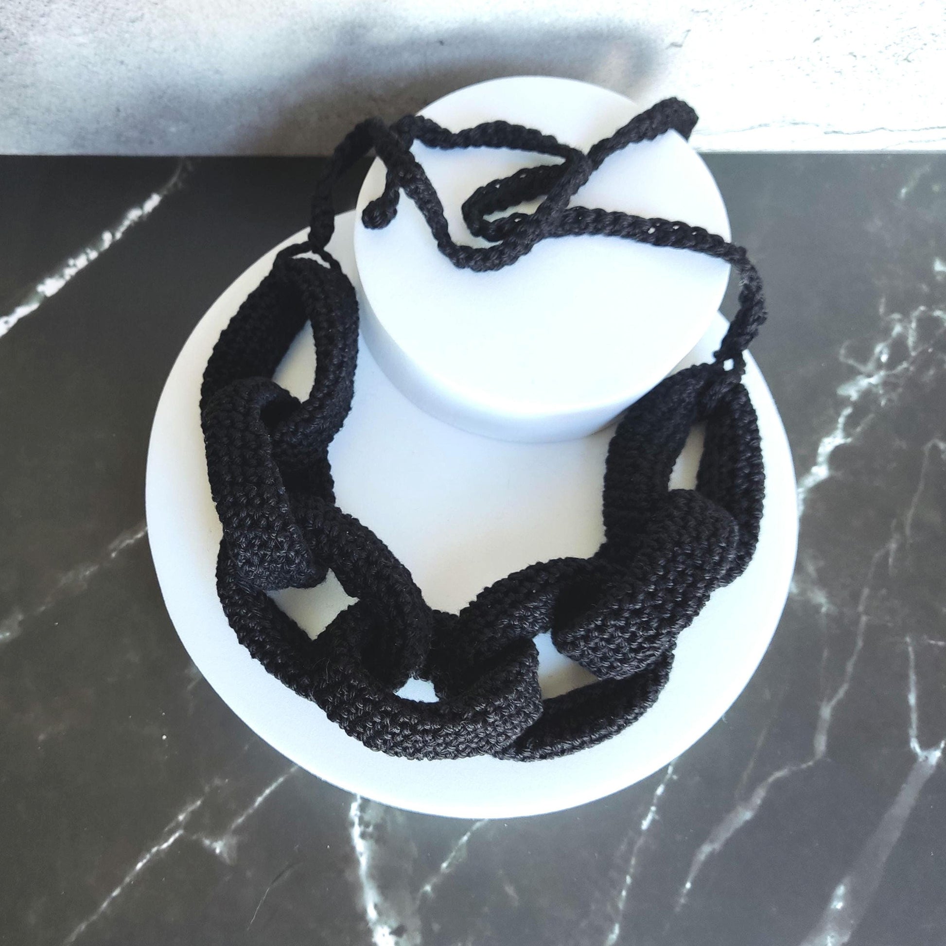 Black Chunky Braided Crochet Necklace - Handmade Cotton Statement Jewelry - StepToLight