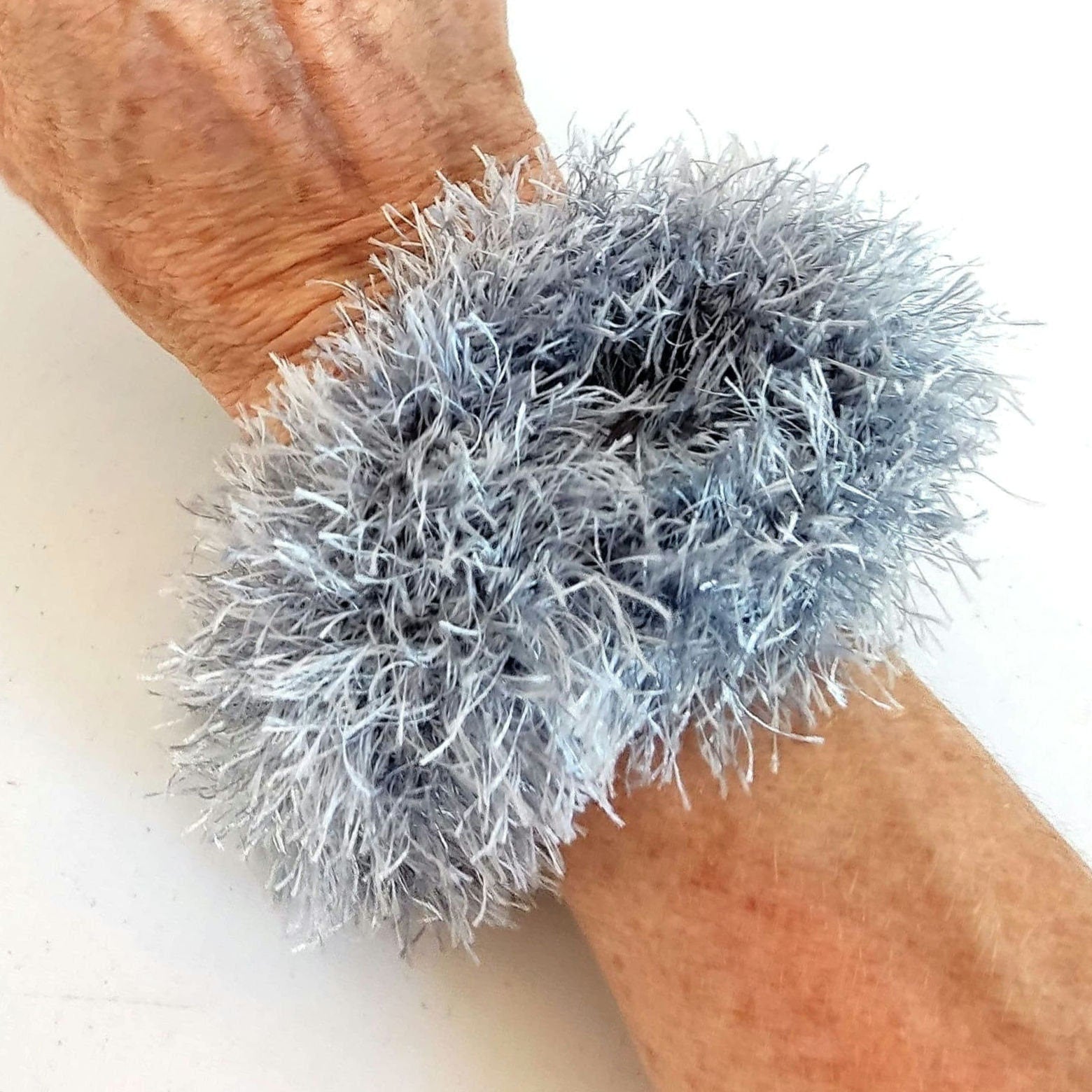 Black Chunky Faux Fur Crochet Bracelet - Fluffy Cuff Bangle - StepToLight