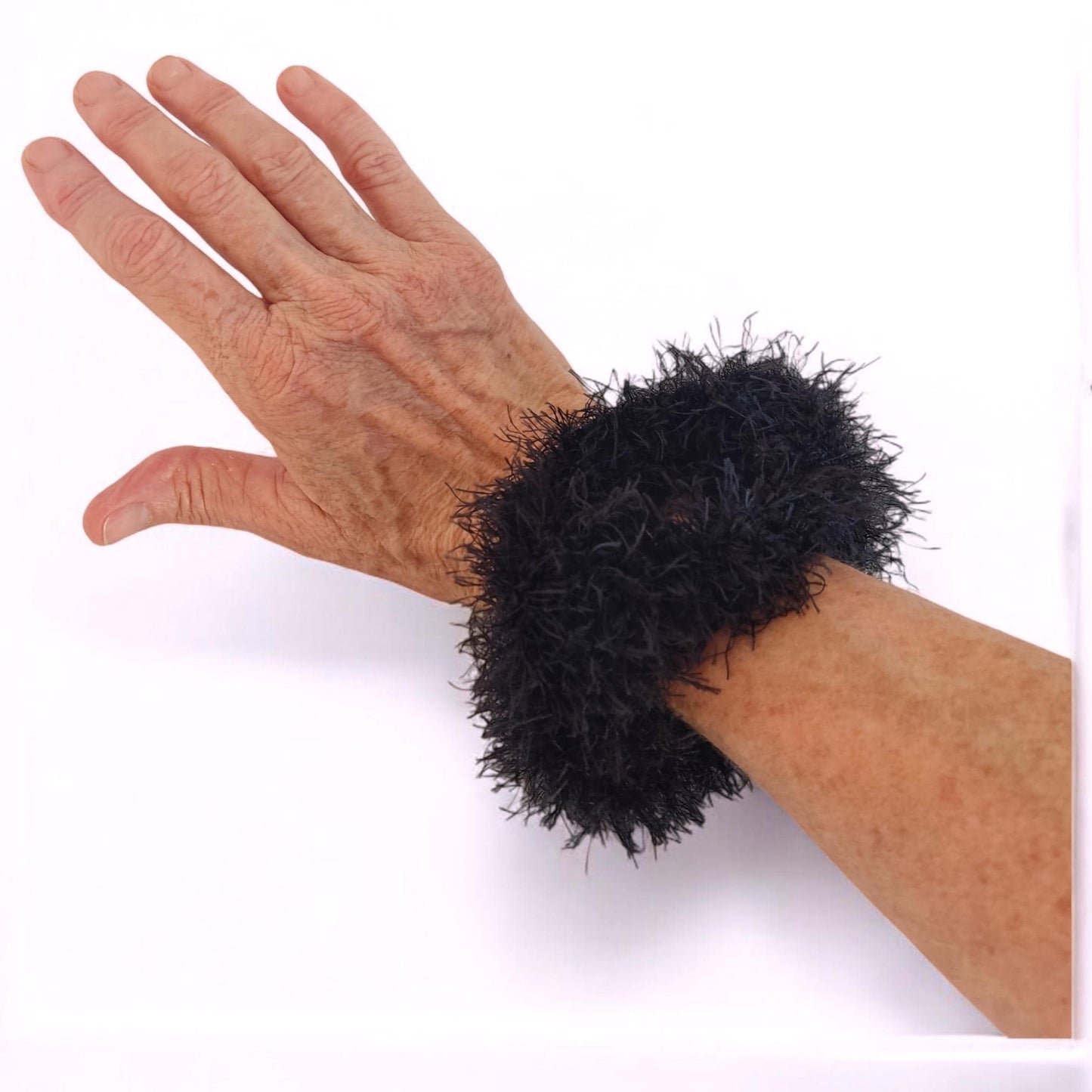 Black Chunky Faux Fur Crochet Bracelet - Fluffy Cuff Bangle - StepToLight