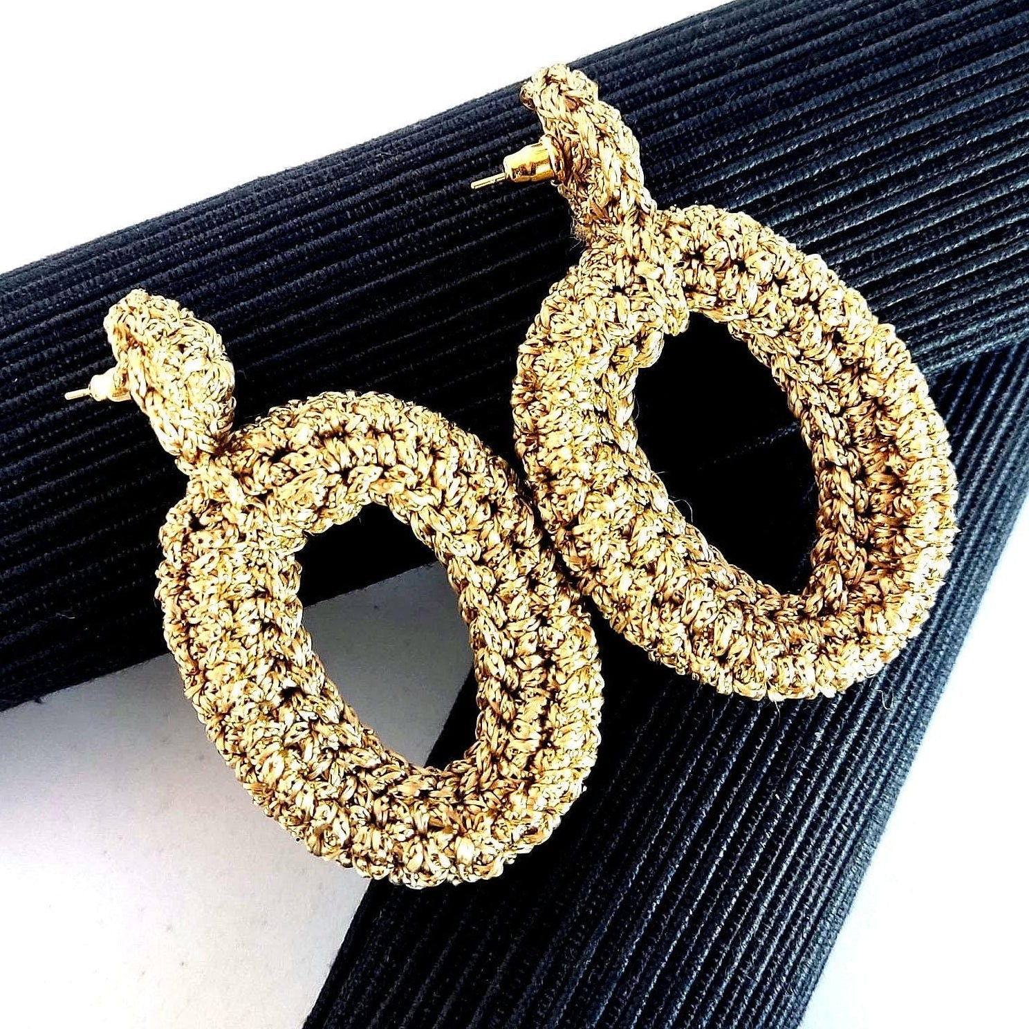 Black Crochet Hoop Earrings - Lightweight Cotton Yarn with goldPlated Studs - StepToLight