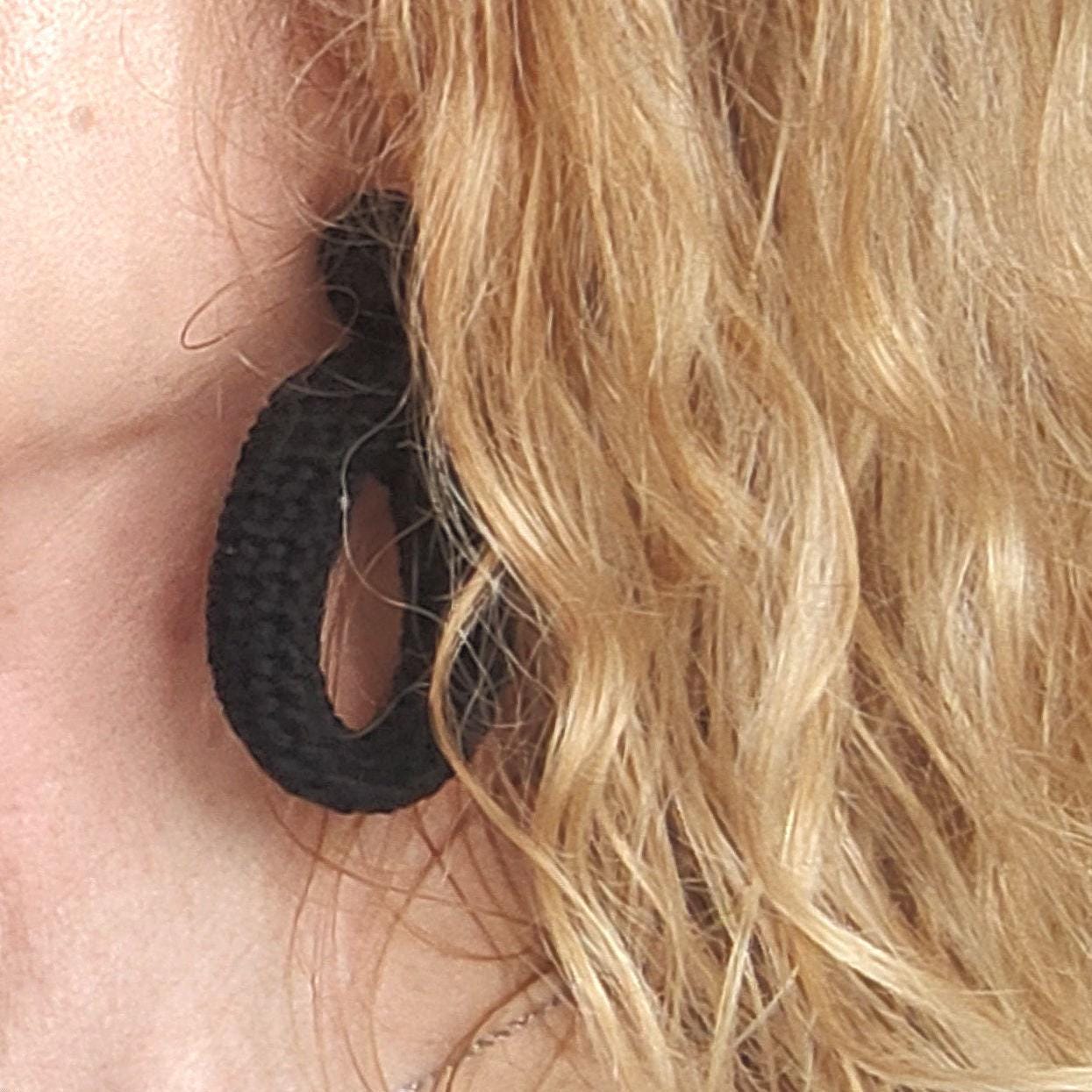 Black Crochet Hoop Earrings - Lightweight Cotton Yarn with goldPlated Studs - StepToLight
