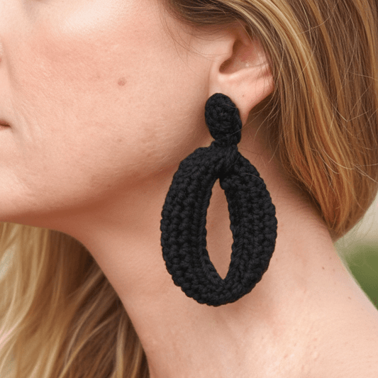 Black Crochet Hoop Earrings - Lightweight Cotton Yarn with goldPlated Studs - StepToLight