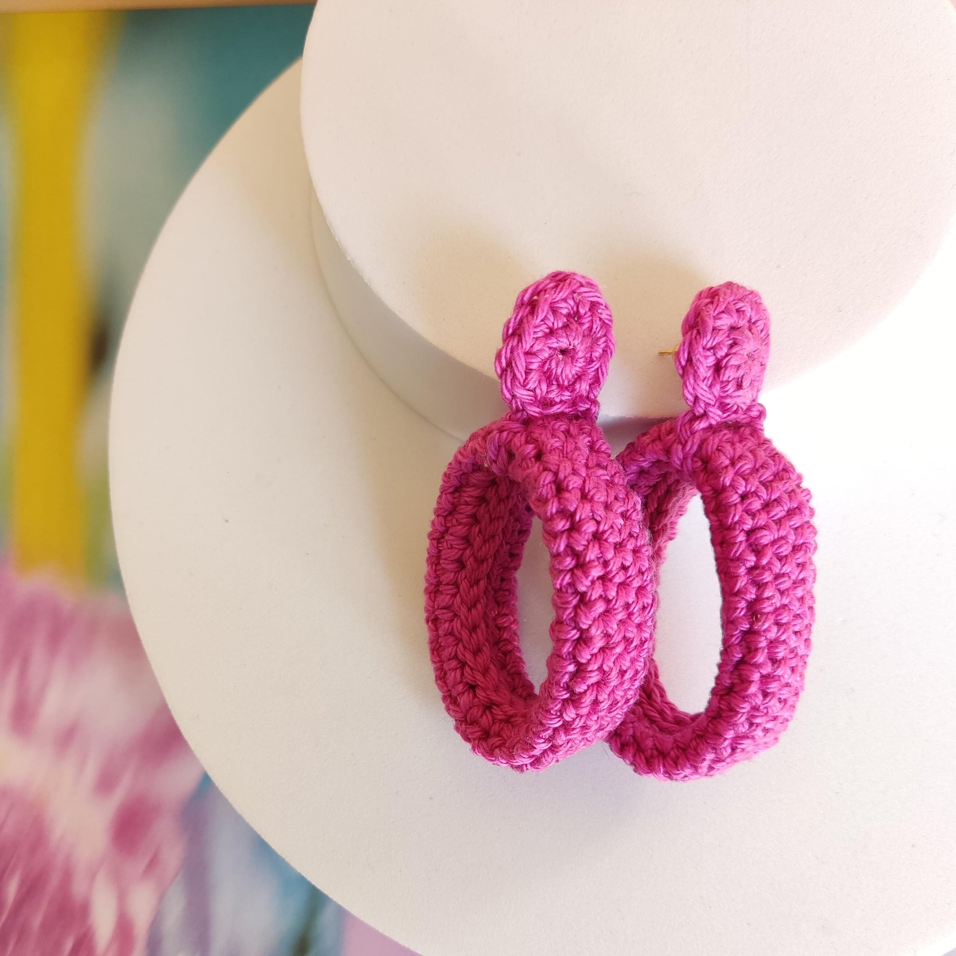 Black Crochet Hoop Earrings - Lightweight Cotton Yarn with goldPlated Studs - StepToLight