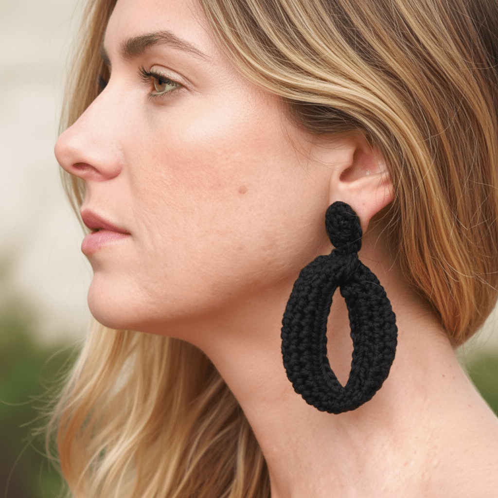 Black Crochet Hoop Earrings - Lightweight Cotton Yarn with goldPlated Studs - StepToLight