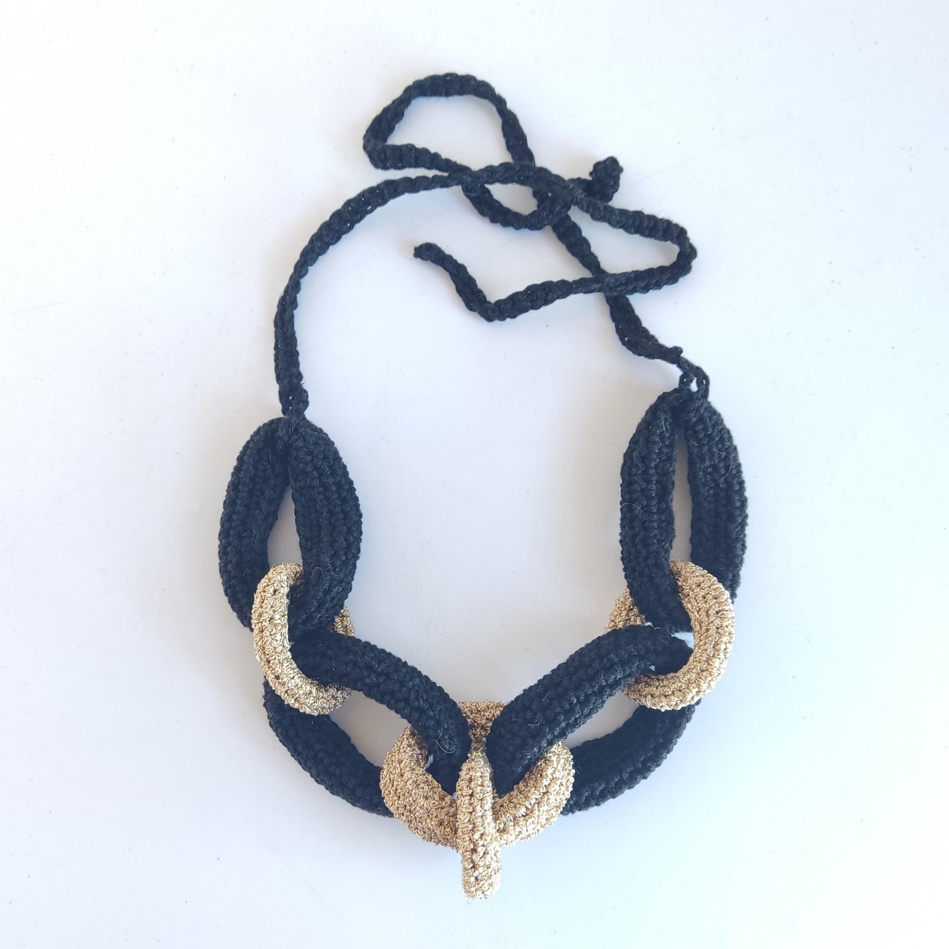 Black & Gold Braided Crochet Cuff Bracelet - Chunky Statement Jewelry - StepToLight