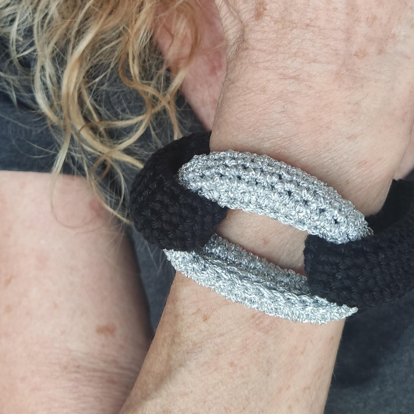 Black & Gold Braided Crochet Cuff Bracelet - Chunky Statement Jewelry - StepToLight