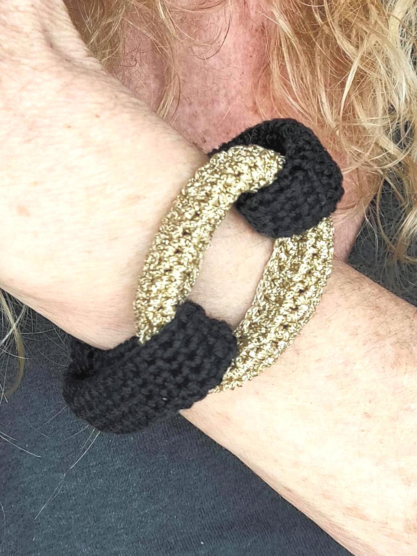 Black & Gold Braided Crochet Cuff Bracelet - Chunky Statement Jewelry - StepToLight