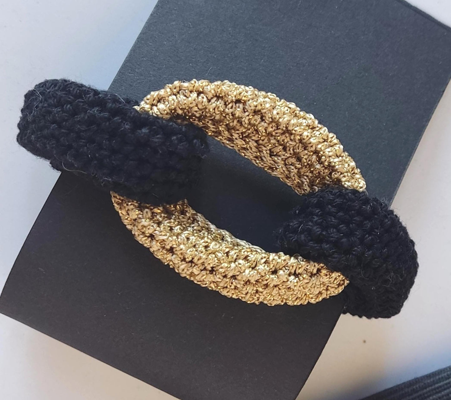 Black & Gold Braided Crochet Cuff Bracelet - Chunky Statement Jewelry - StepToLight