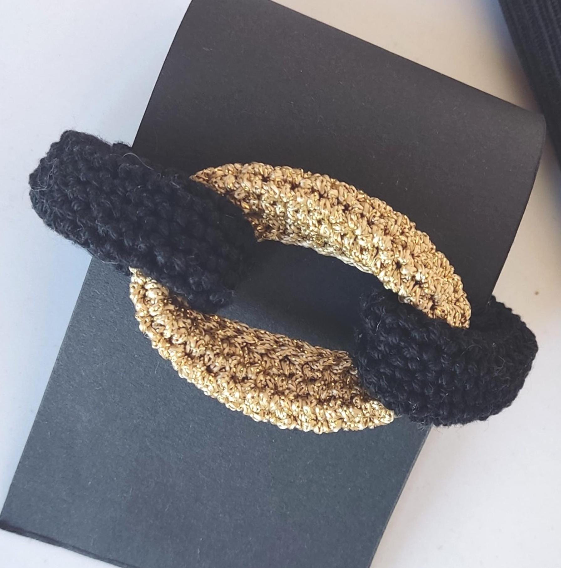 Black & Gold Braided Crochet Cuff Bracelet - Chunky Statement Jewelry - StepToLight