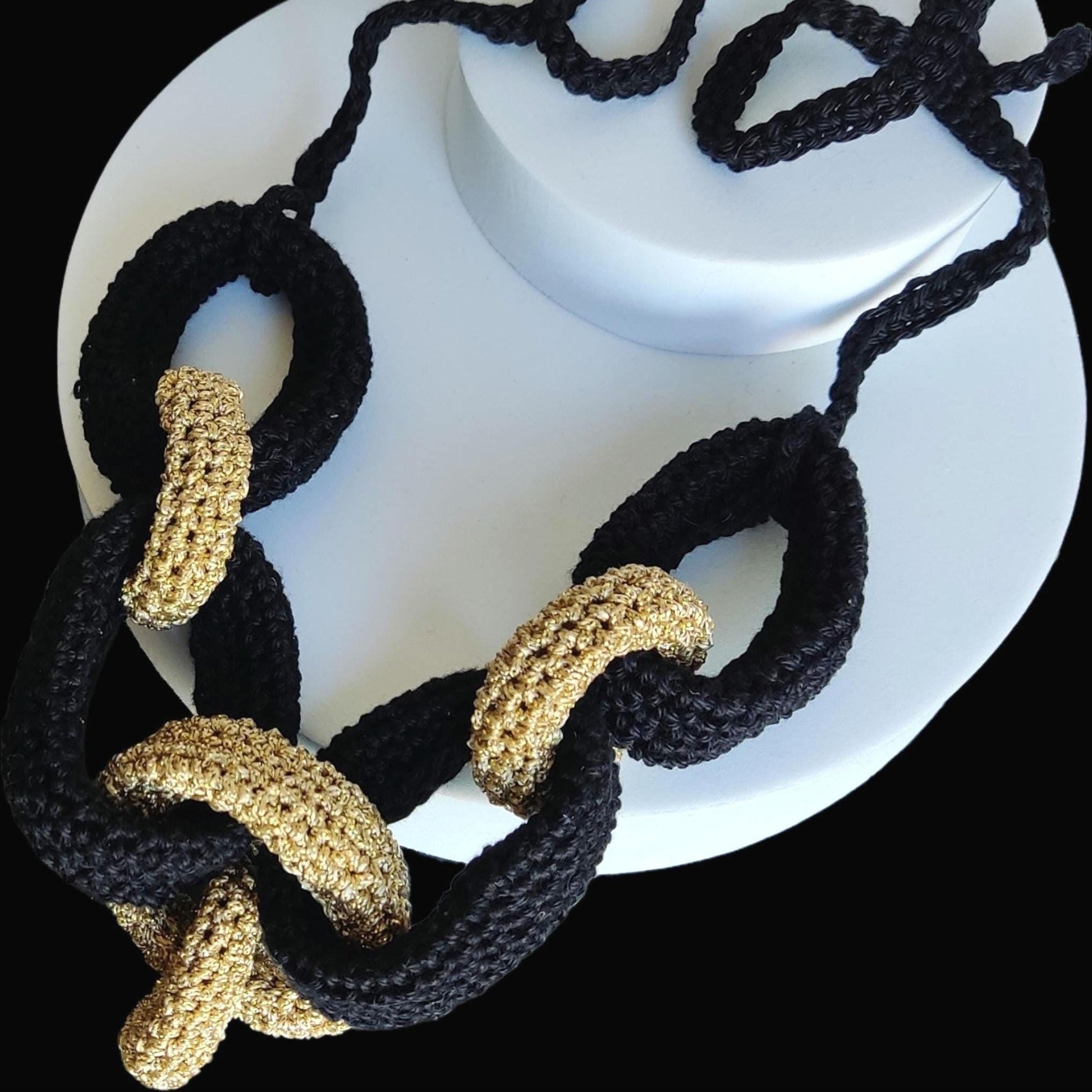 Black & Gold Chunky Crochet Statement Necklace - Elegant Handmade Cotton Chain - StepToLight