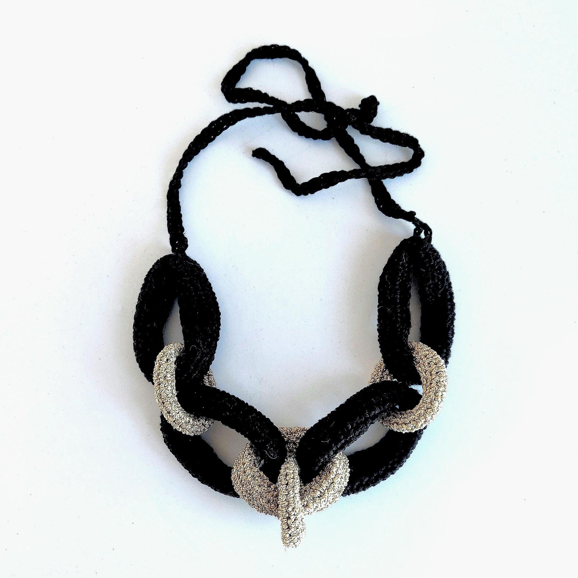 Black & gold Chunky Crochet Statement Necklace - Elegant Handmade Cotton Chain - StepToLight