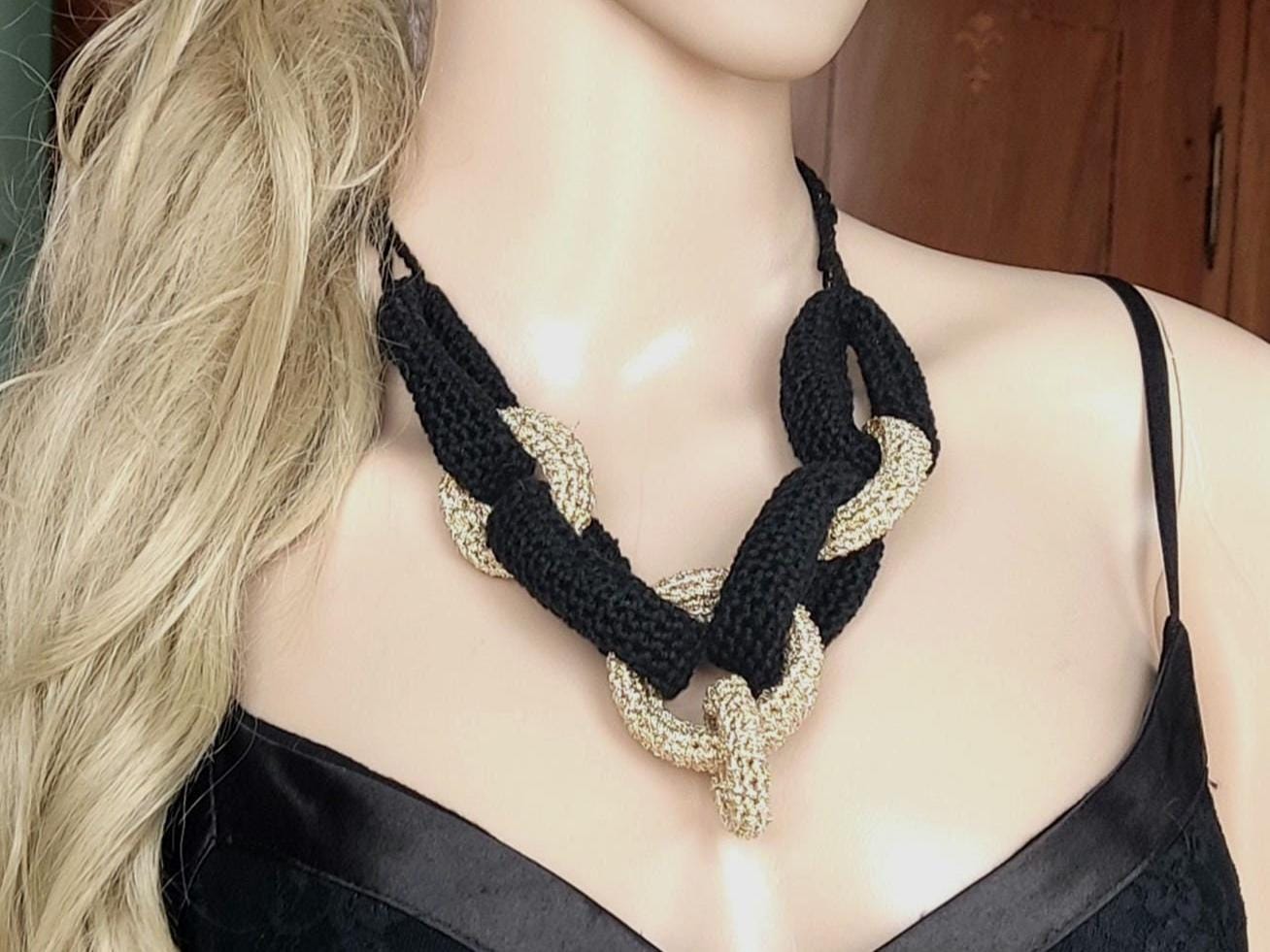 Black & Gold Chunky Crochet Statement Necklace - Elegant Handmade Cotton Chain - StepToLight