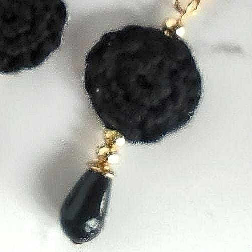 Black Micro Crochet Earrings: Pearl Drop, Golden Accents - StepToLight
