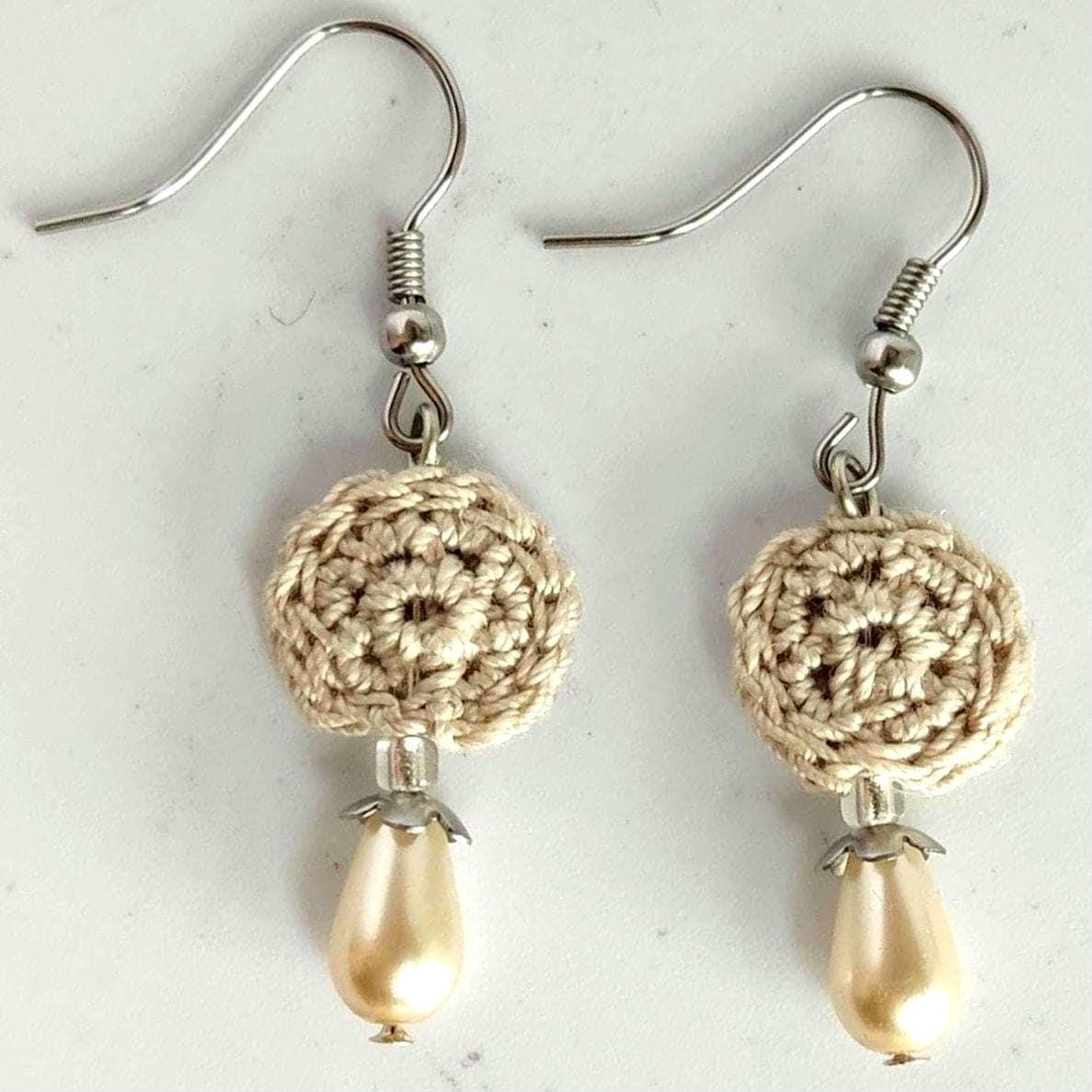 Black Micro Crochet Earrings: Pearl Drop, Golden Accents - StepToLight