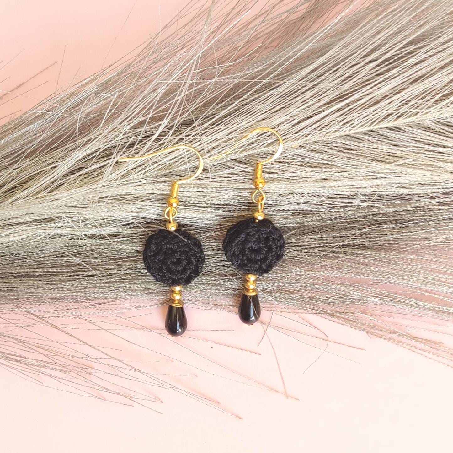 Black Micro Crochet Earrings: Pearl Drop, Golden Accents - StepToLight
