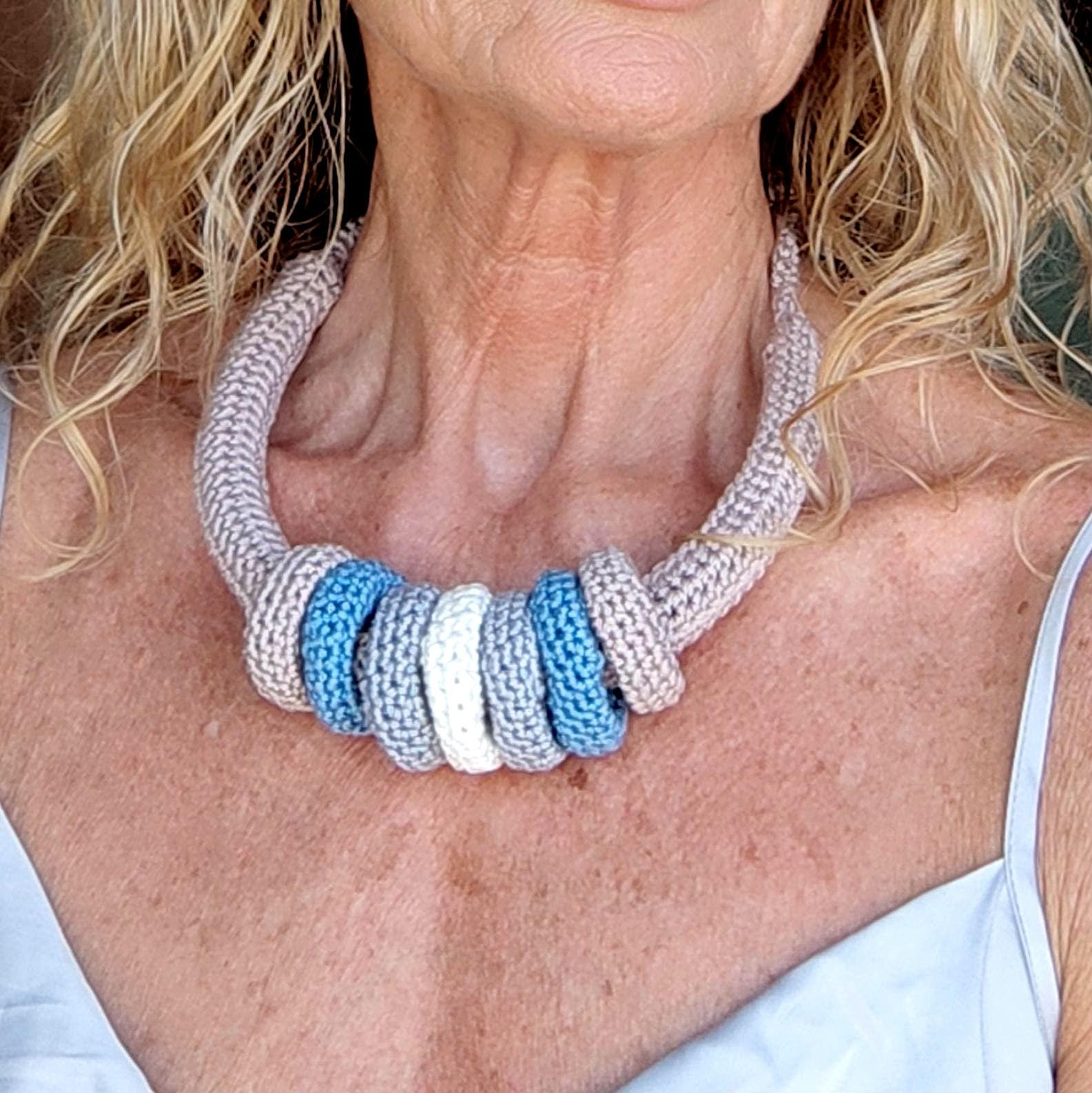 Black Multiway Crochet Statement Necklace - Curved Necklace & Chunky Rings, Adjustable - StepToLight