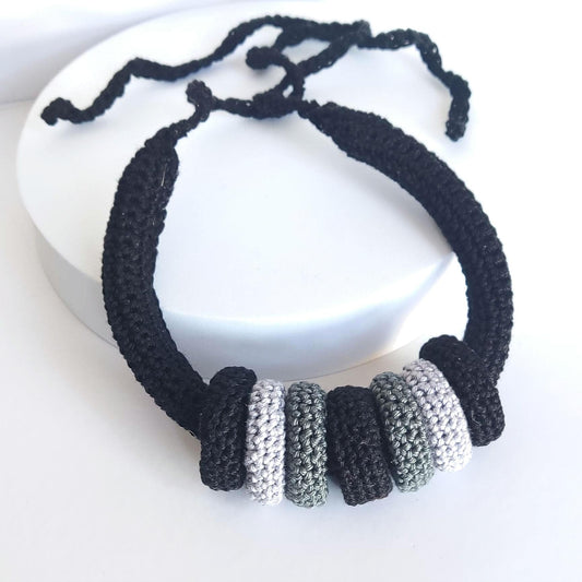 Black Multiway Crochet Statement Necklace - Curved Necklace & Chunky Rings, Adjustable - StepToLight