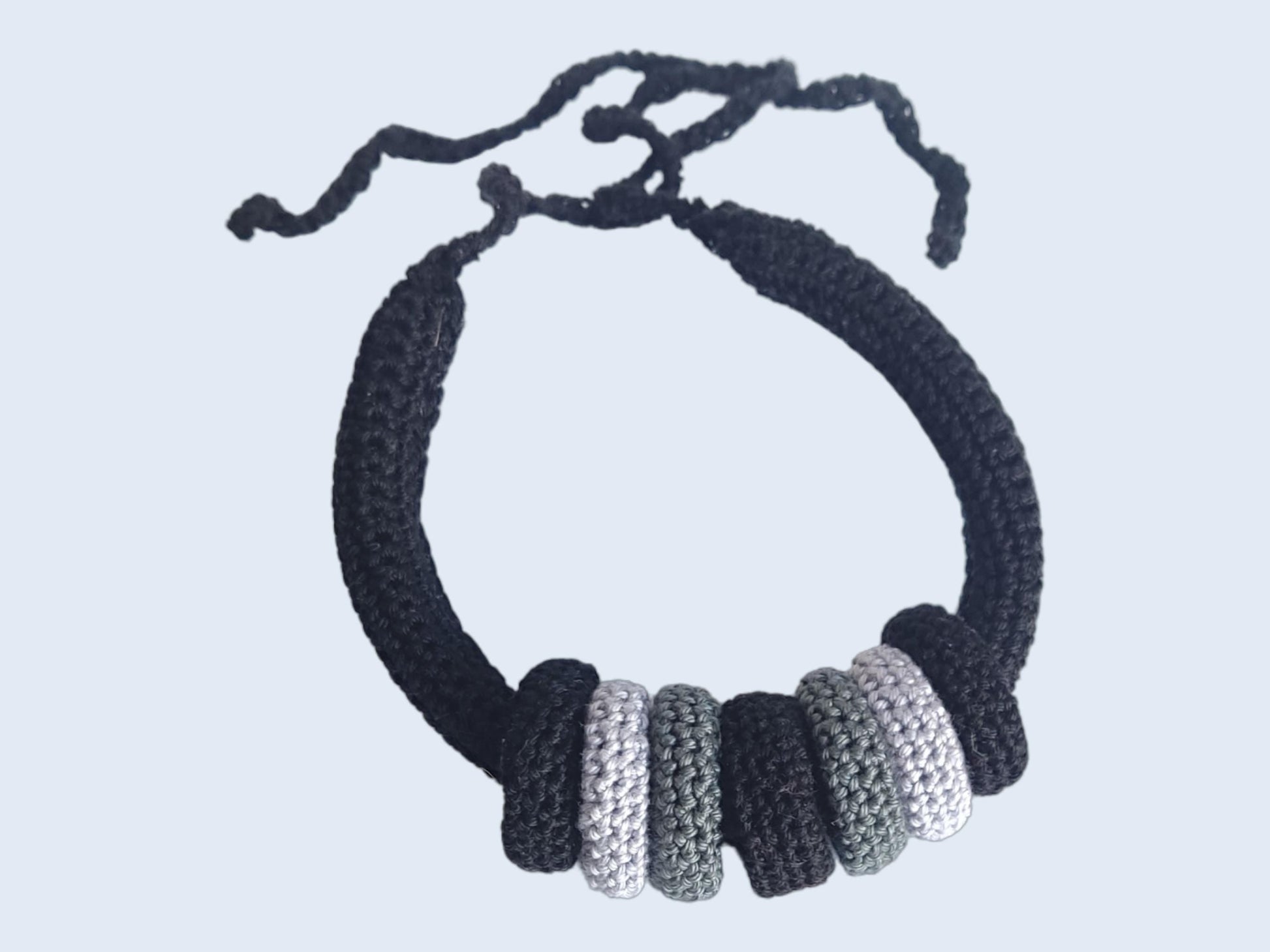 Black Multiway Crochet Statement Necklace - Curved Necklace & Chunky Rings, Adjustable - StepToLight